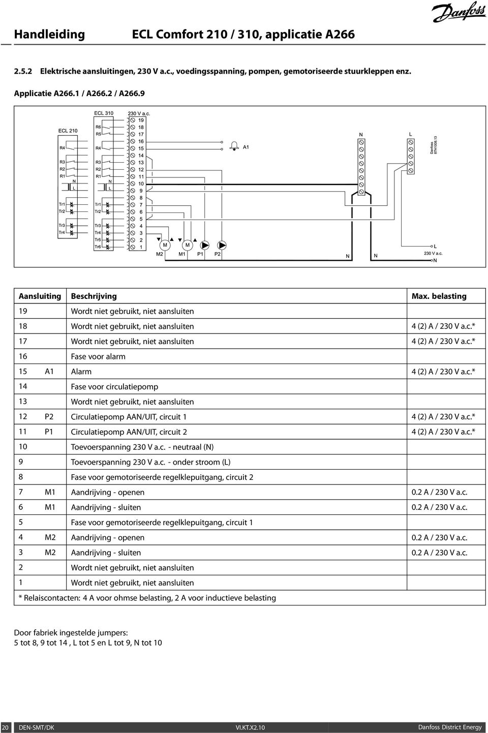 c.* 14 Fase voor circulatiepomp 13 Wordt niet gebruikt, niet aansluiten 12 P2 Circulatiepomp AAN/UIT, circuit 1 4 (2) A / 230 V a.c.* 11 P1 Circulatiepomp AAN/UIT, circuit 2 4 (2) A / 230 V a.c.* 10 Toevoerspanning 230 V a.