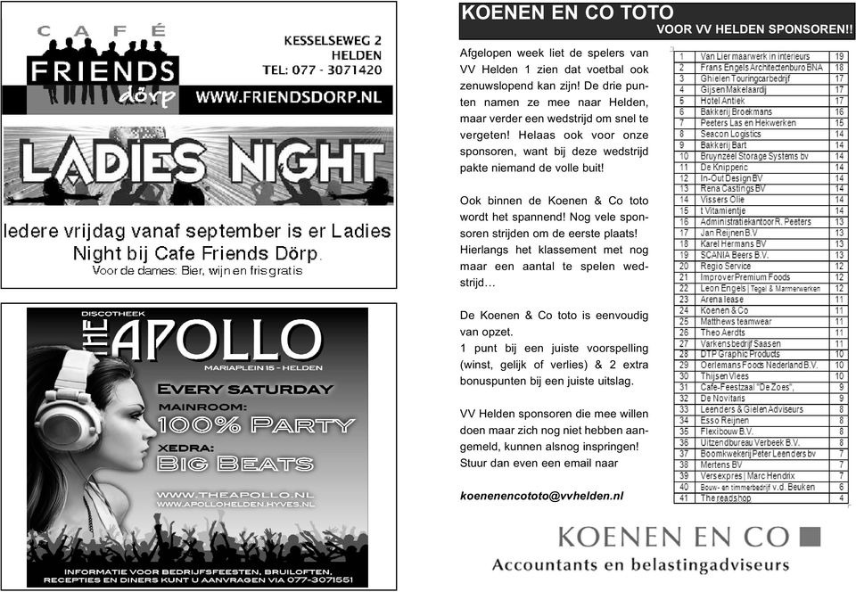 Ook binnen de Koenen & Co toto wordt het spannend! Nog vele sponsoren strijden om de eerste plaats!