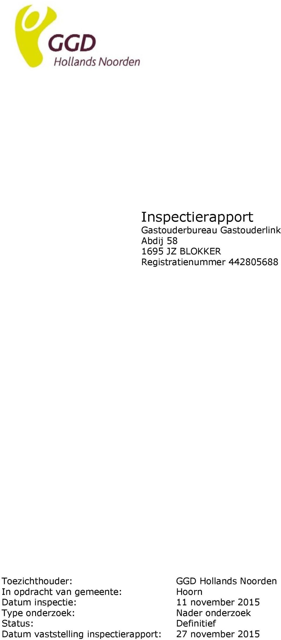 van gemeente: Hoorn Datum inspectie: 11 november 2015 Type onderzoek: Nader