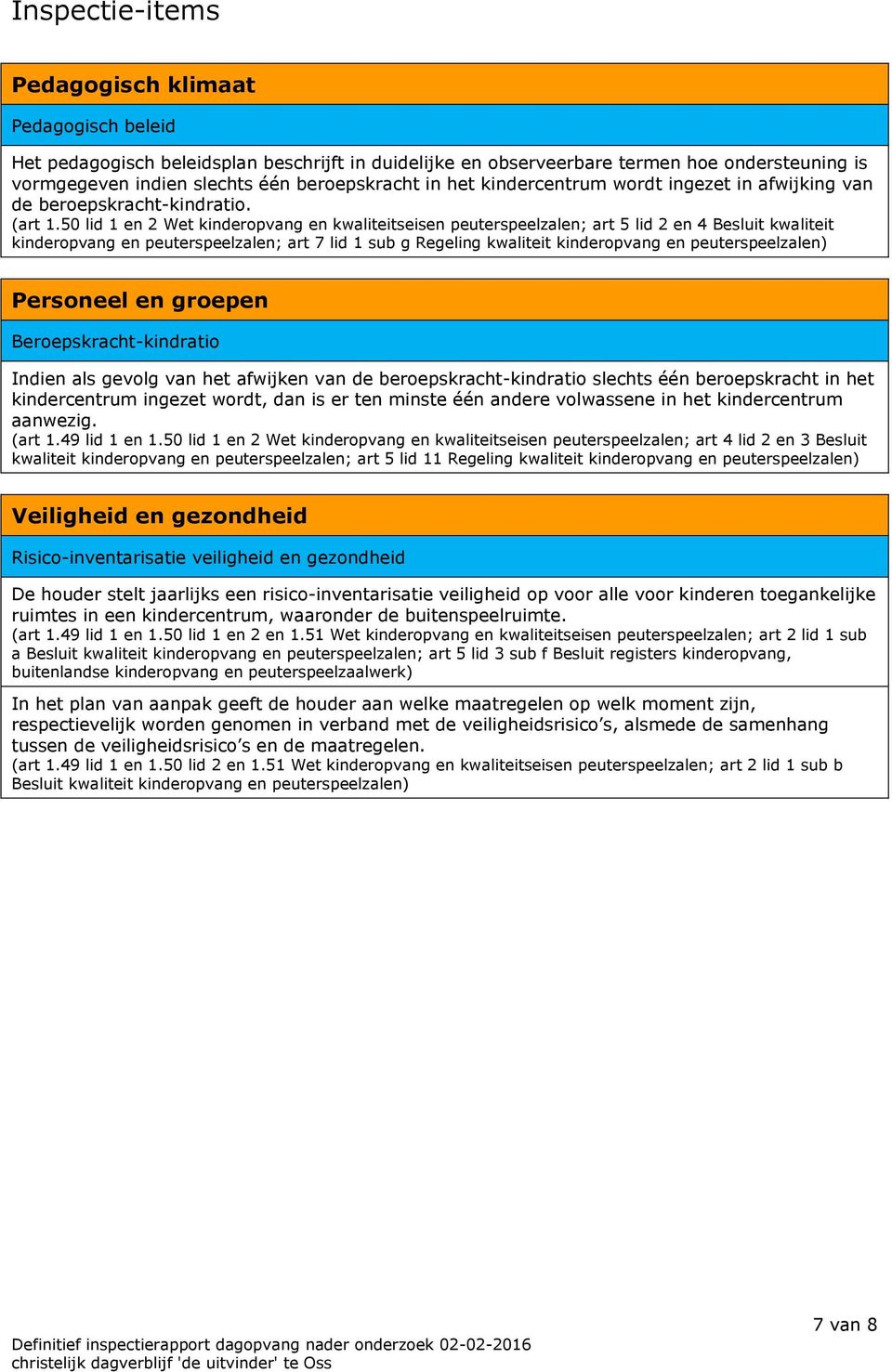 50 lid 1 en 2 Wet kinderopvang en kwaliteitseisen peuterspeelzalen; art 5 lid 2 en 4 Besluit kwaliteit kinderopvang en peuterspeelzalen; art 7 lid 1 sub g Regeling kwaliteit kinderopvang en