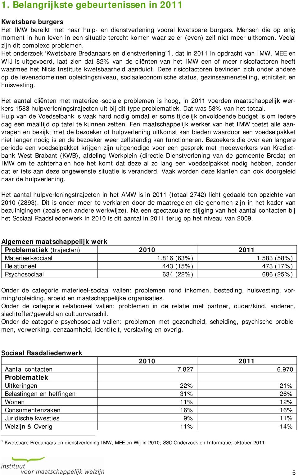 Het onderzoek Kwetsbare Bredanaars en dienstverlening 1, dat in 2011 in opdracht van IMW, MEE en WIJ is uitgevoerd, laat zien dat 82% van de cliënten van het IMW een of meer risicofactoren heeft