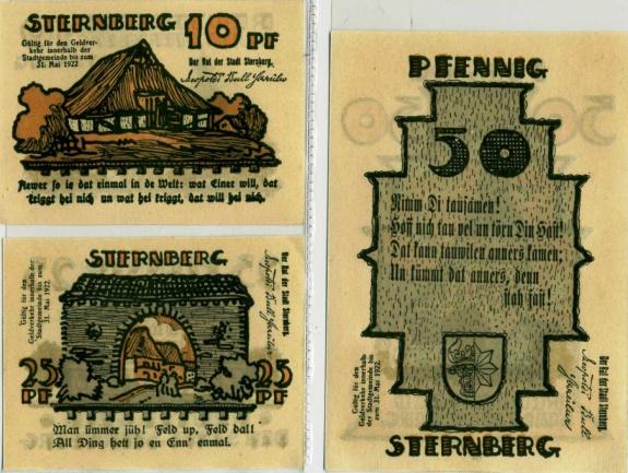 Gemeenschappelijk waren het formaat van de biljetten, de waarden (10, 25 en 50 Pfennig) en op de keerzijde stond steeds een citaat van de schrijver Fritz Reuter.