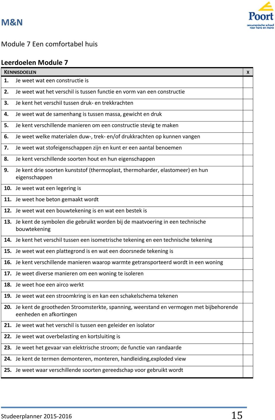 Je weet welke materialen duw-, trek- en/of drukkrachten op kunnen vangen 7. Je weet wat stofeigenschappen zijn en kunt er een aantal benoemen 8.