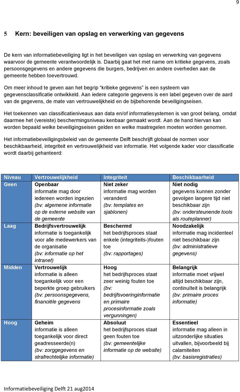 Om meer inhoud te geven aan het begrip kritieke gegevens is een systeem van gegevensclassificatie ontwikkeld.