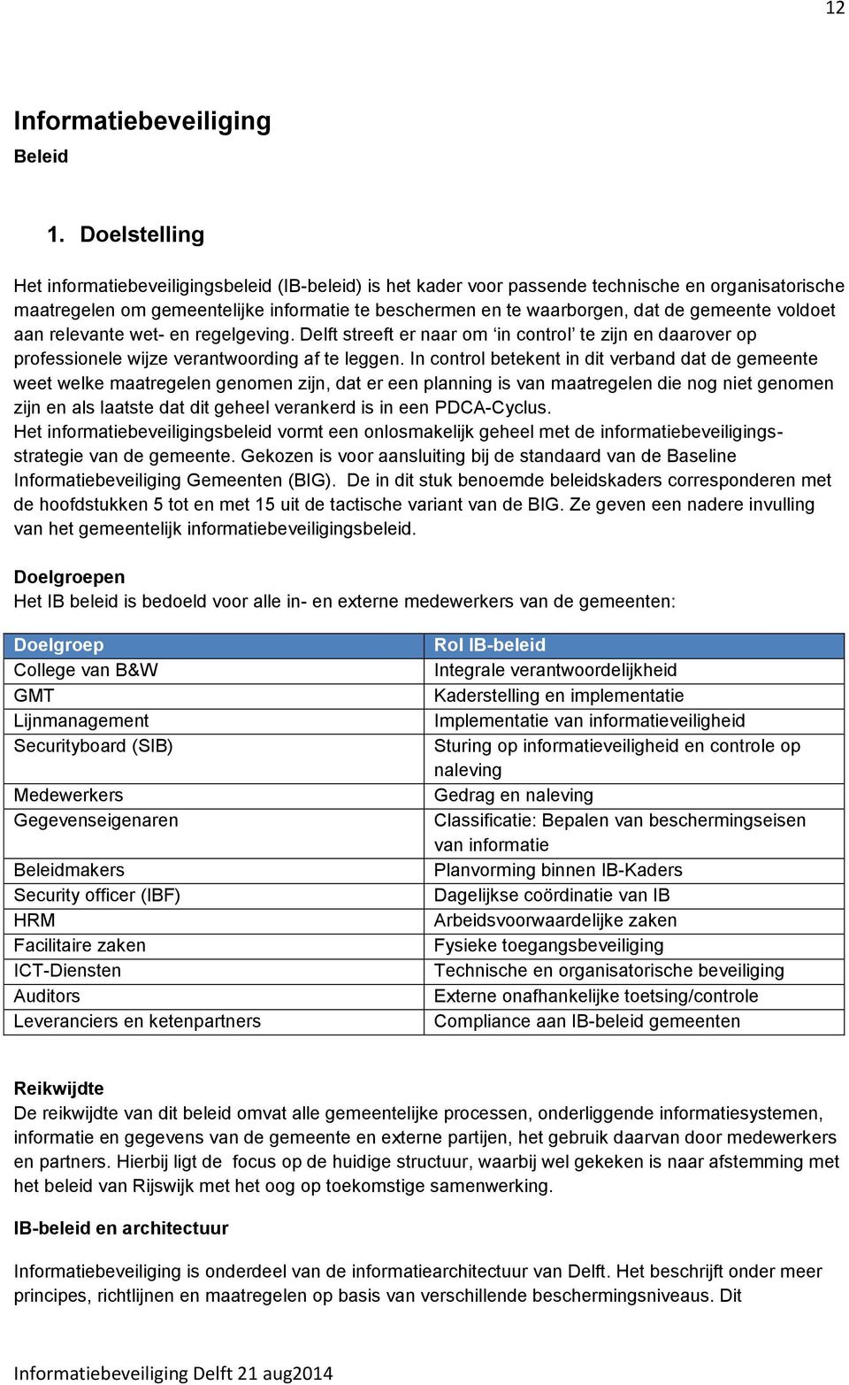 gemeente voldoet aan relevante wet- en regelgeving. Delft streeft er naar om in control te zijn en daarover op professionele wijze verantwoording af te leggen.