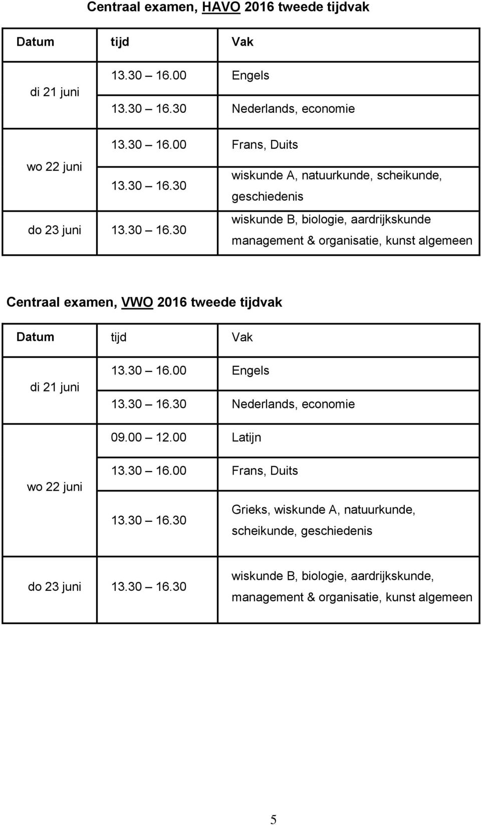 30 16.00 Engels 13.30 16.30 Nederlands, economie 09.00 12.00 Latijn wo 22 juni 13.30 16.00 Frans, Duits 13.30 16.30 Grieks, wiskunde A, natuurkunde, scheikunde, geschiedenis do 23 juni 13.