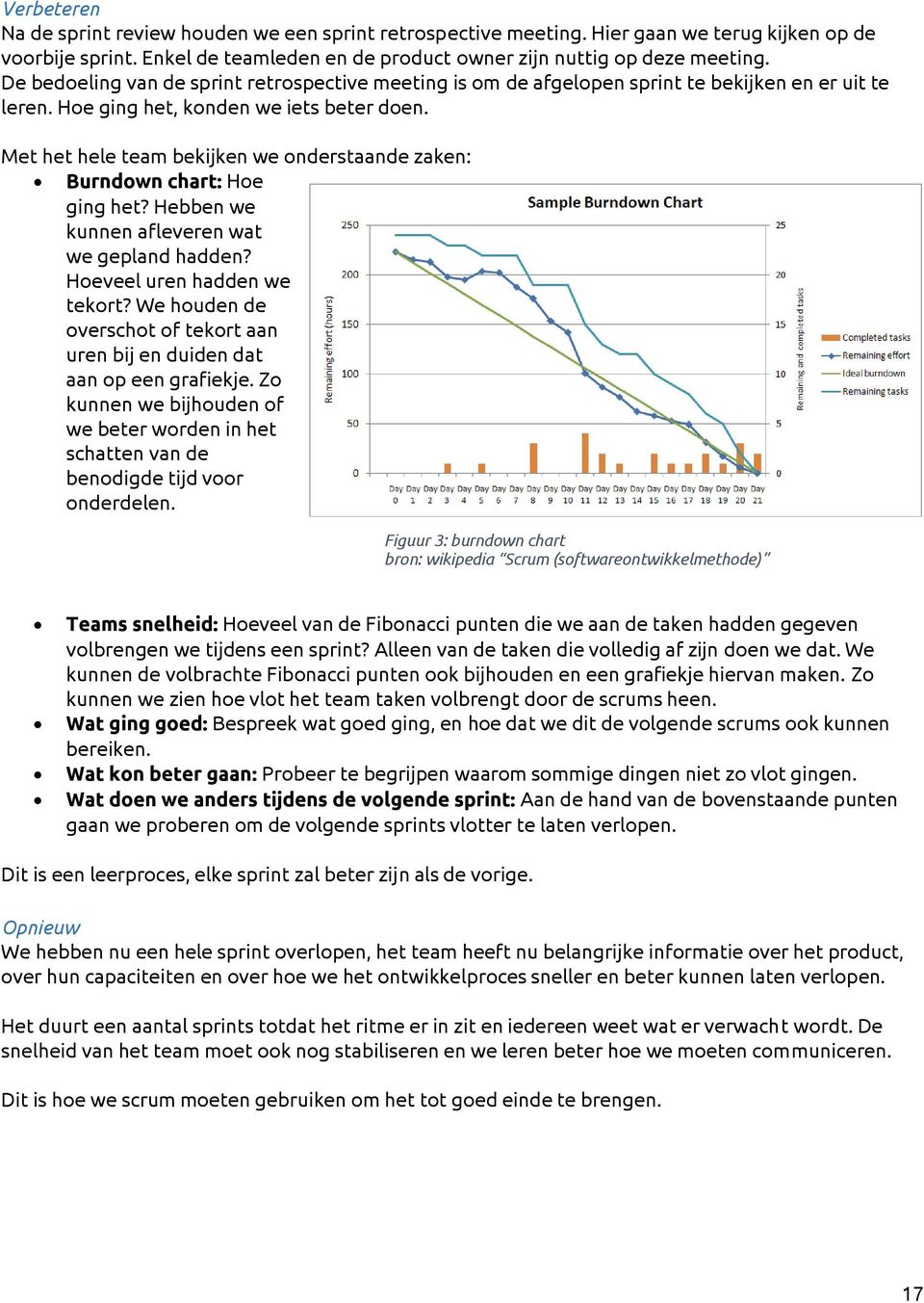 Met het hele team bekijken we onderstaande zaken: Burndown chart: Hoe ging het? Hebben we kunnen afleveren wat we gepland hadden? Hoeveel uren hadden we tekort?