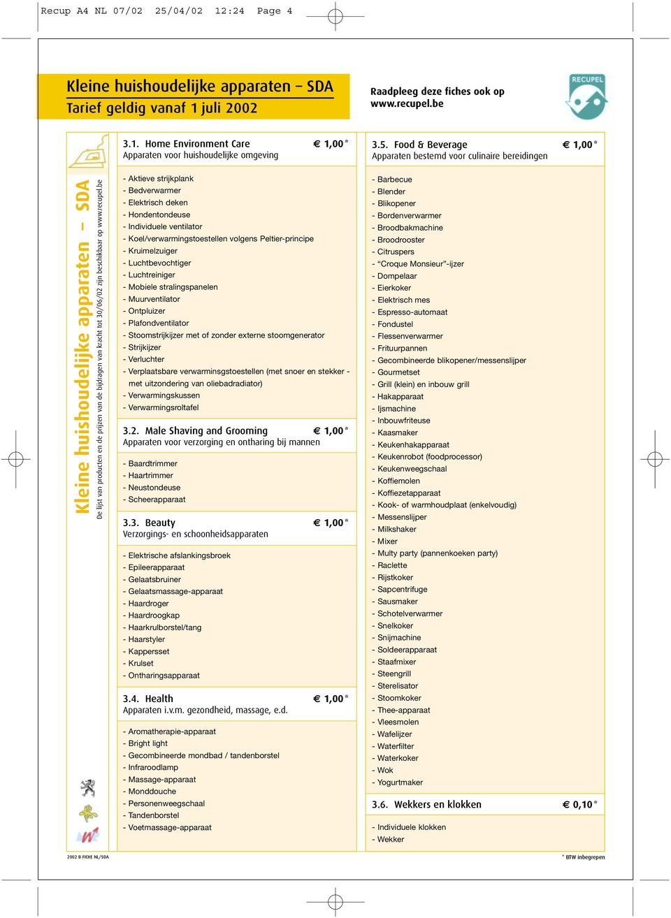 Food & Beverage 1,00 * Apparaten bestemd voor culinaire bereidingen Kleine huishoudelijke apparaten SDA - Aktieve strijkplank - Bedverwarmer - Elektrisch deken - Hondentondeuse - Individuele