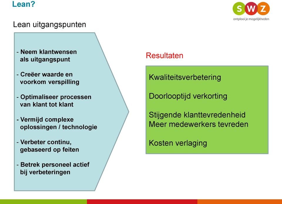 continu, gebaseerd op feiten Resultaten Kwaliteitsverbetering Doorlooptijd verkorting Stijgende