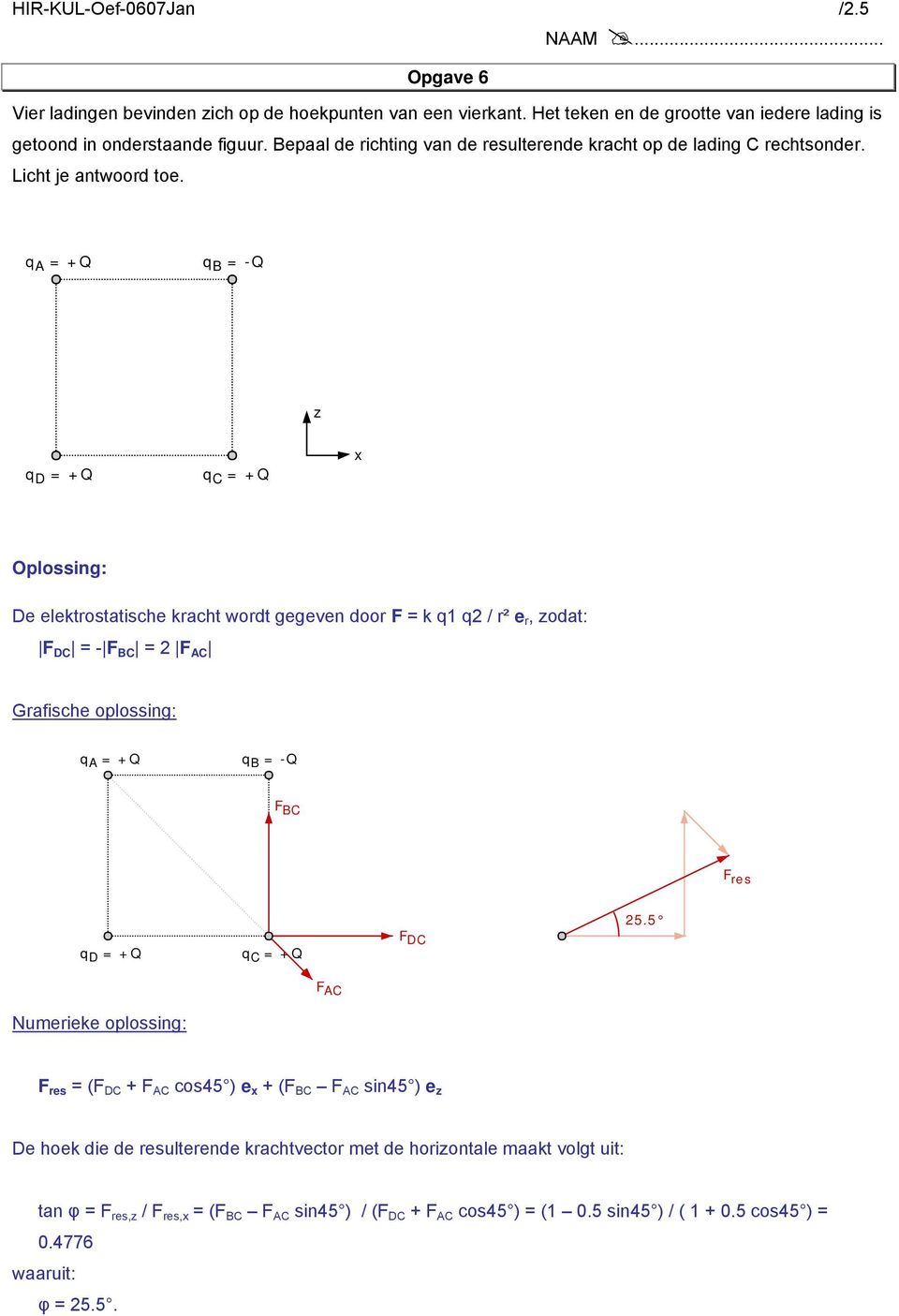 q A = +Q q B = -Q z q D = +Q q C = +Q x De elektrostatische kracht wordt gegeven door F = k q1 q2 / r² e r, zodat: F DC = - F BC = 2 F AC Grafische oplossing: q A = +Q q B = -Q F BC F res