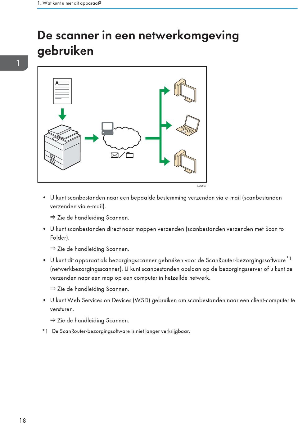 U kunt dit apparaat als bezorgingsscanner gebruiken voor de ScanRouter-bezorgingssoftware *1 (netwerkbezorgingsscanner).