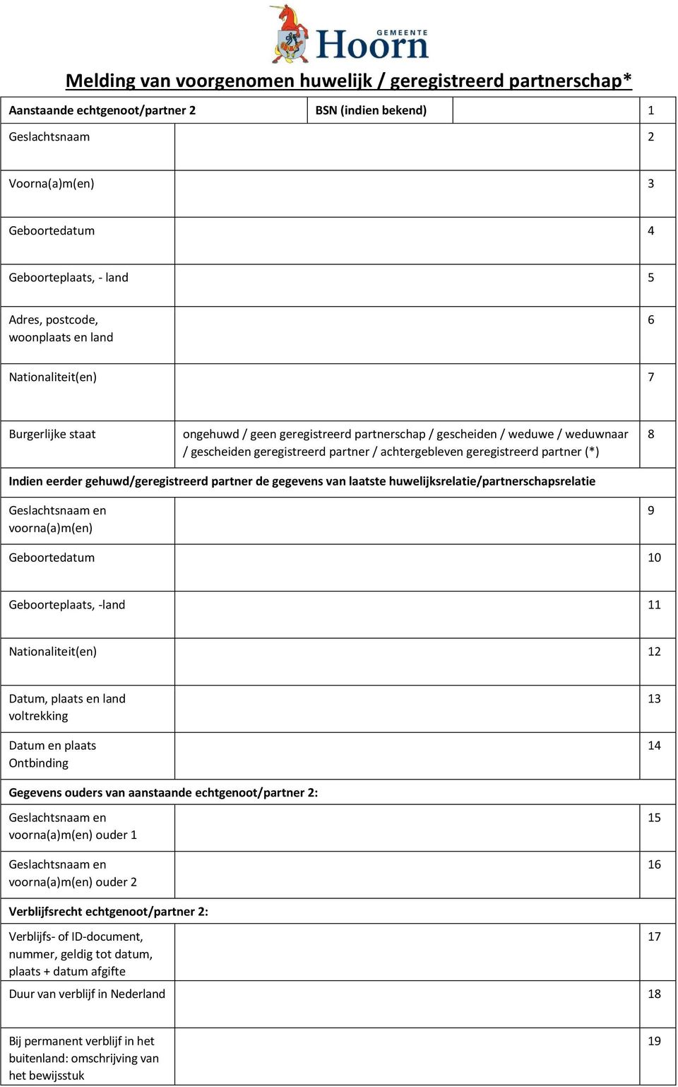 de gegevens van laatste huwelijksrelatie/partnerschapsrelatie 9 10 Geboorteplaats, -land 11 Nationaliteit(en) 12 Datum, plaats en land voltrekking Datum en plaats Ontbinding 13 14 Gegevens ouders van