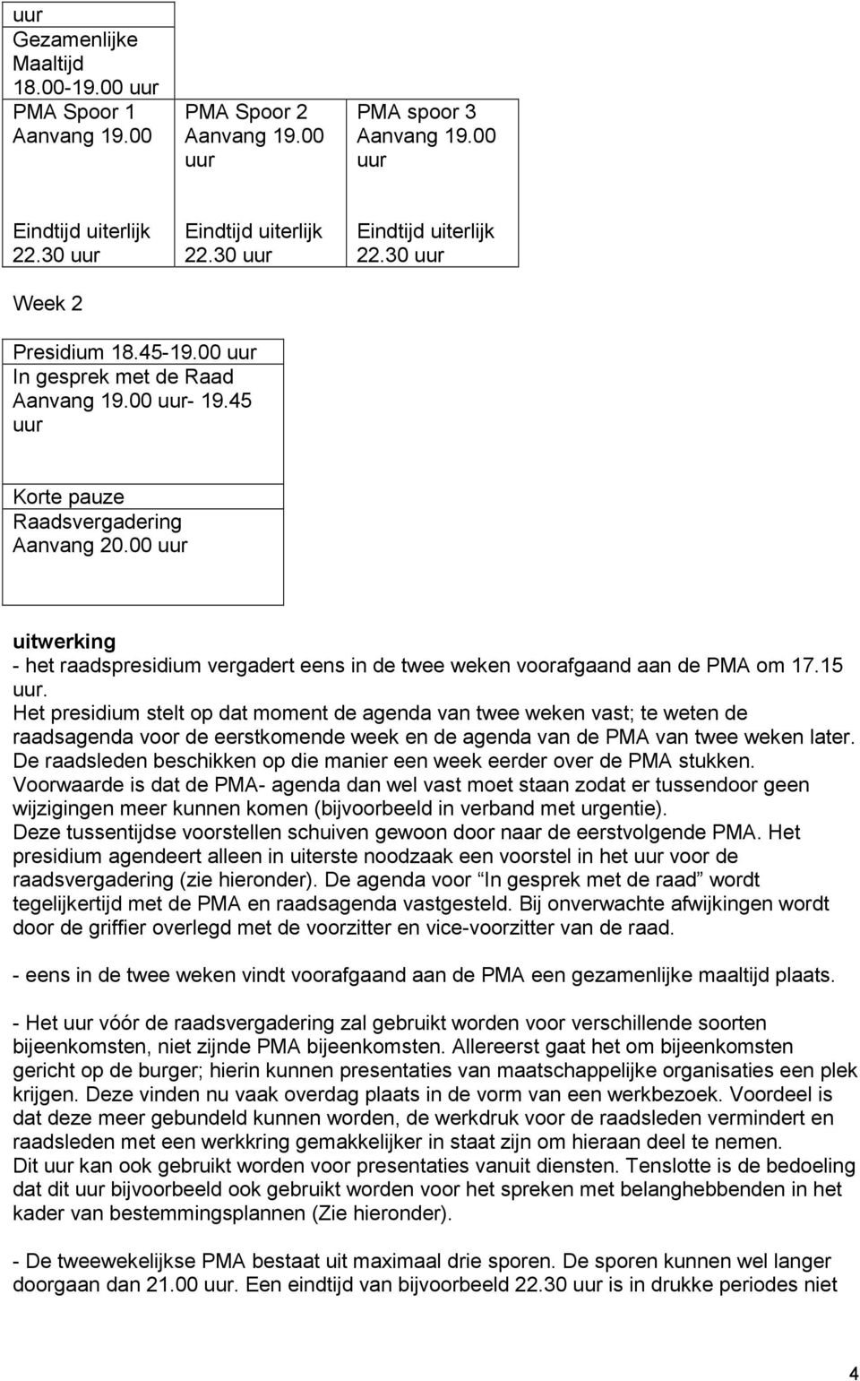 00 uur uitwerking - het raadspresidium vergadert eens in de twee weken voorafgaand aan de PMA om 17.15 uur.