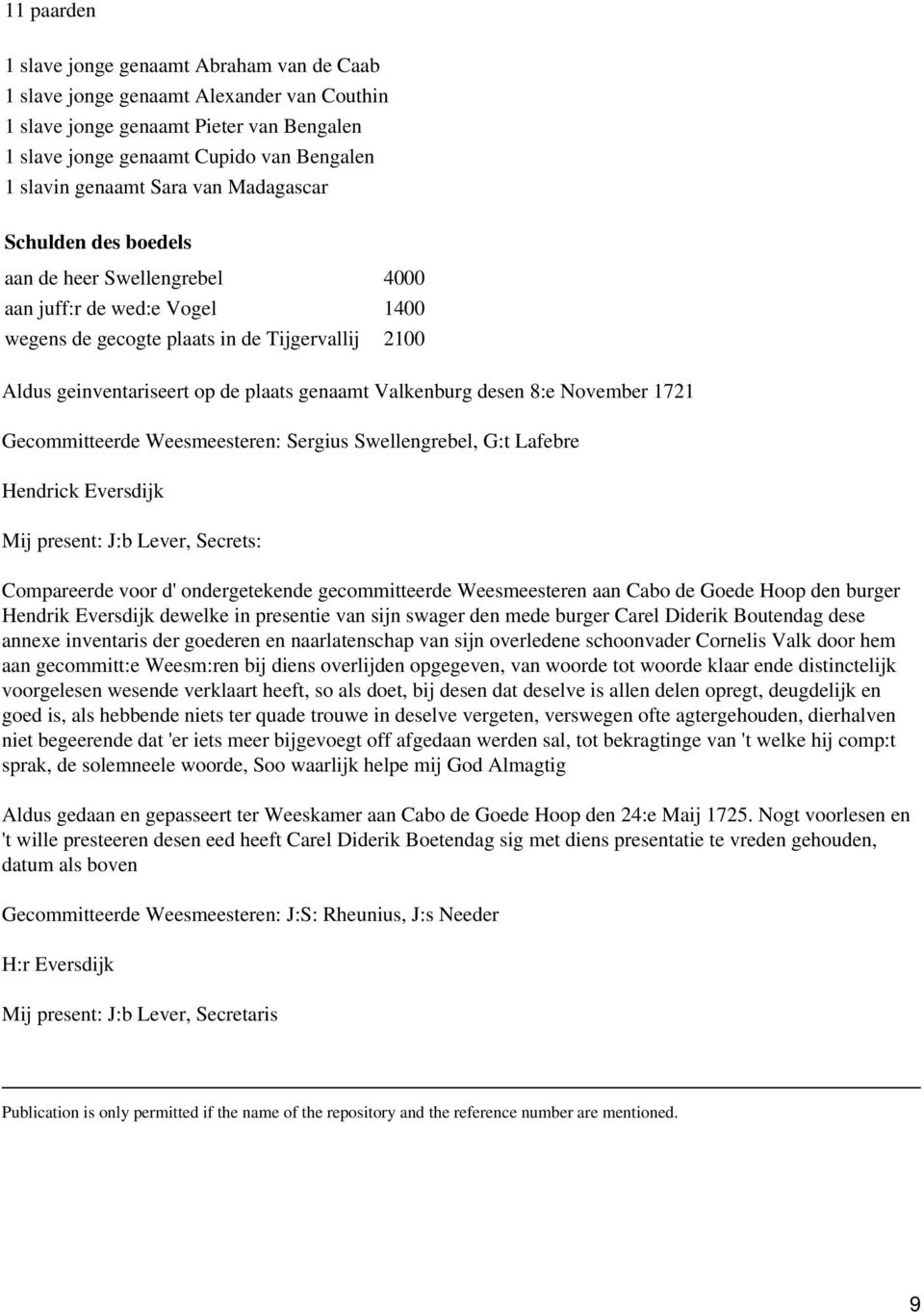 Valkenburg desen 8:e November 1721 Gecommitteerde Weesmeesteren: Sergius Swellengrebel, G:t Lafebre Hendrick Eversdijk Mij present: J:b Lever, Secrets: Compareerde voor d' ondergetekende