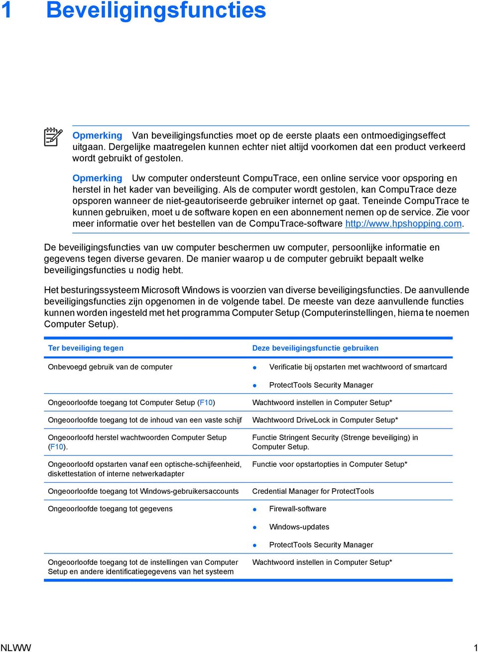 Opmerking Uw computer ondersteunt CompuTrace, een online service voor opsporing en herstel in het kader van beveiliging.