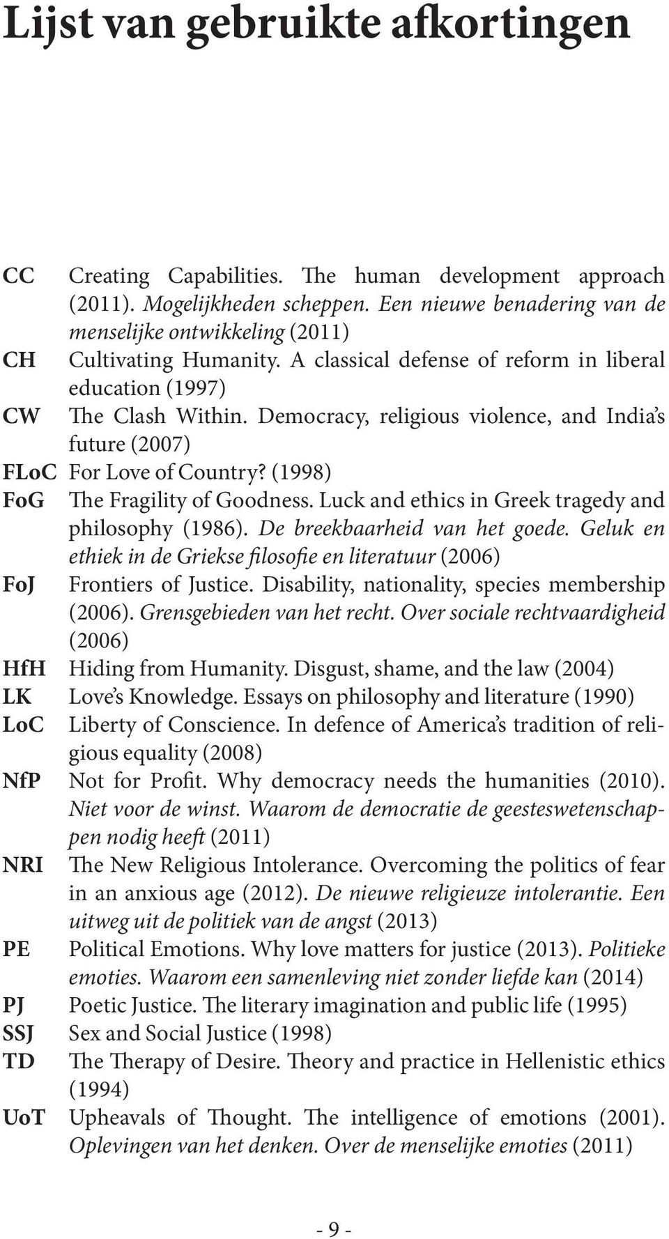 Democracy, religious violence, and India s future (2007) FLoC For Love of Country? (1998) FoG The Fragility of Goodness. Luck and ethics in Greek tragedy and philosophy (1986).