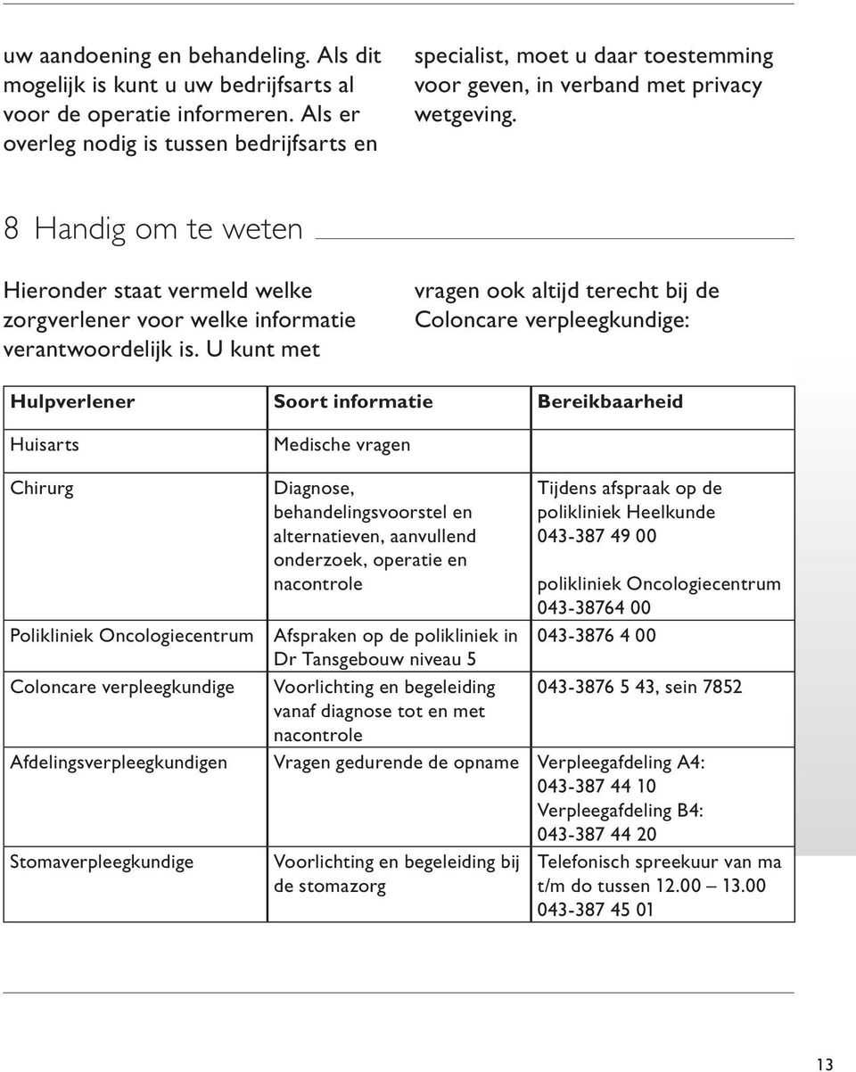 8 Handig om te weten Hieronder staat vermeld welke zorgverlener voor welke informatie verantwoordelijk is.