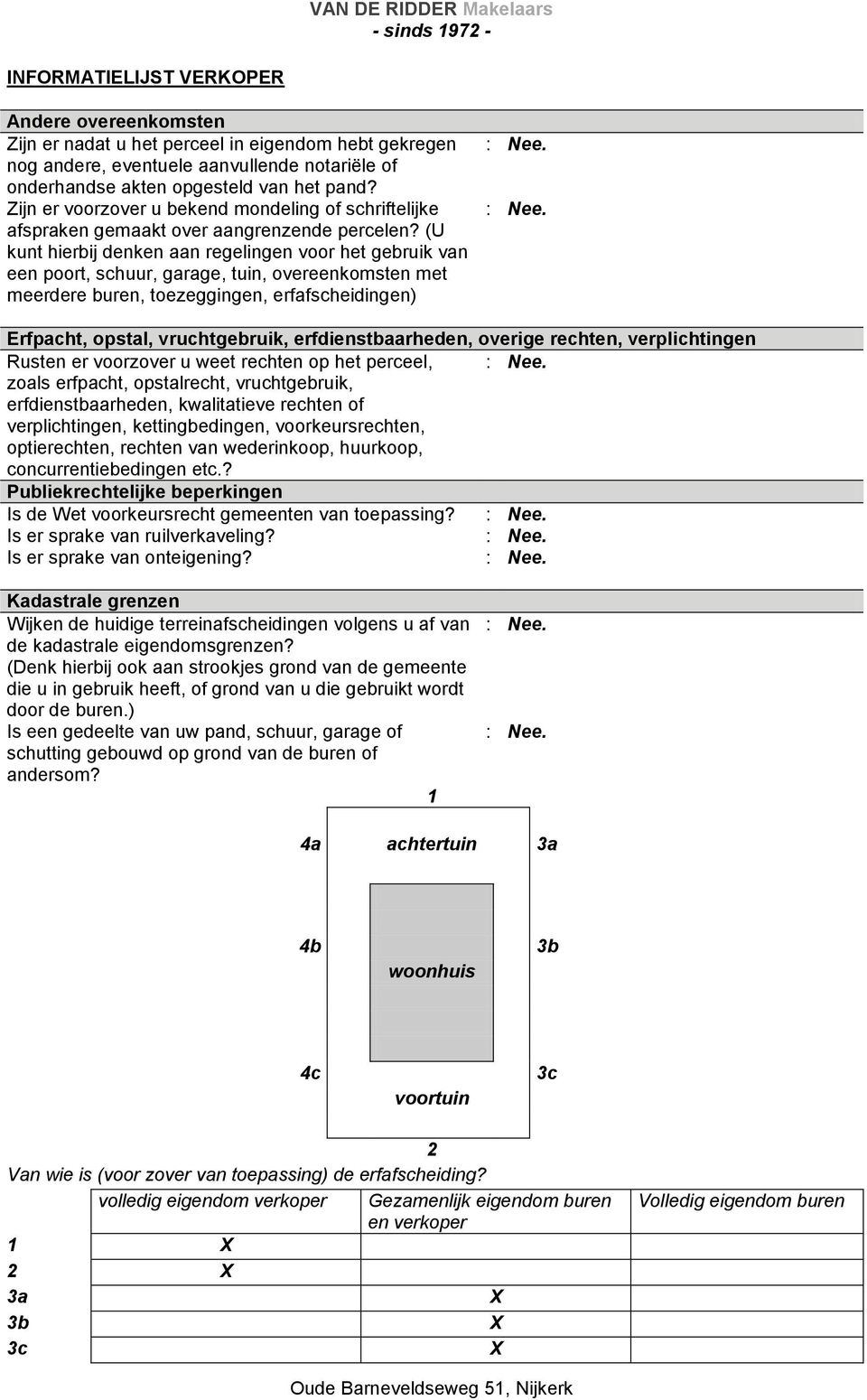 (U kunt hierbij denken aan regelingen voor het gebruik van een poort, schuur, garage, tuin, overeenkomsten met meerdere buren, toezeggingen, erfafscheidingen) Erfpacht, opstal, vruchtgebruik,