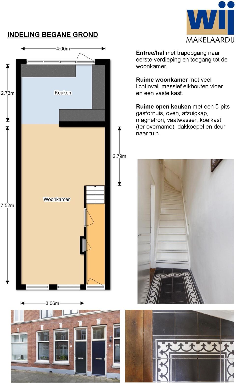 Ruime woonkamer met veel lichtinval, massief eikhouten vloer en een vaste kast.