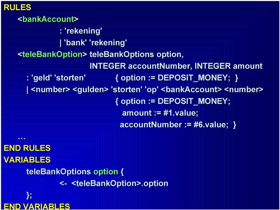 'storten' 'op' <bankaccount> <number< number> { option := DEPOSIT_MONEY; amount := #1.