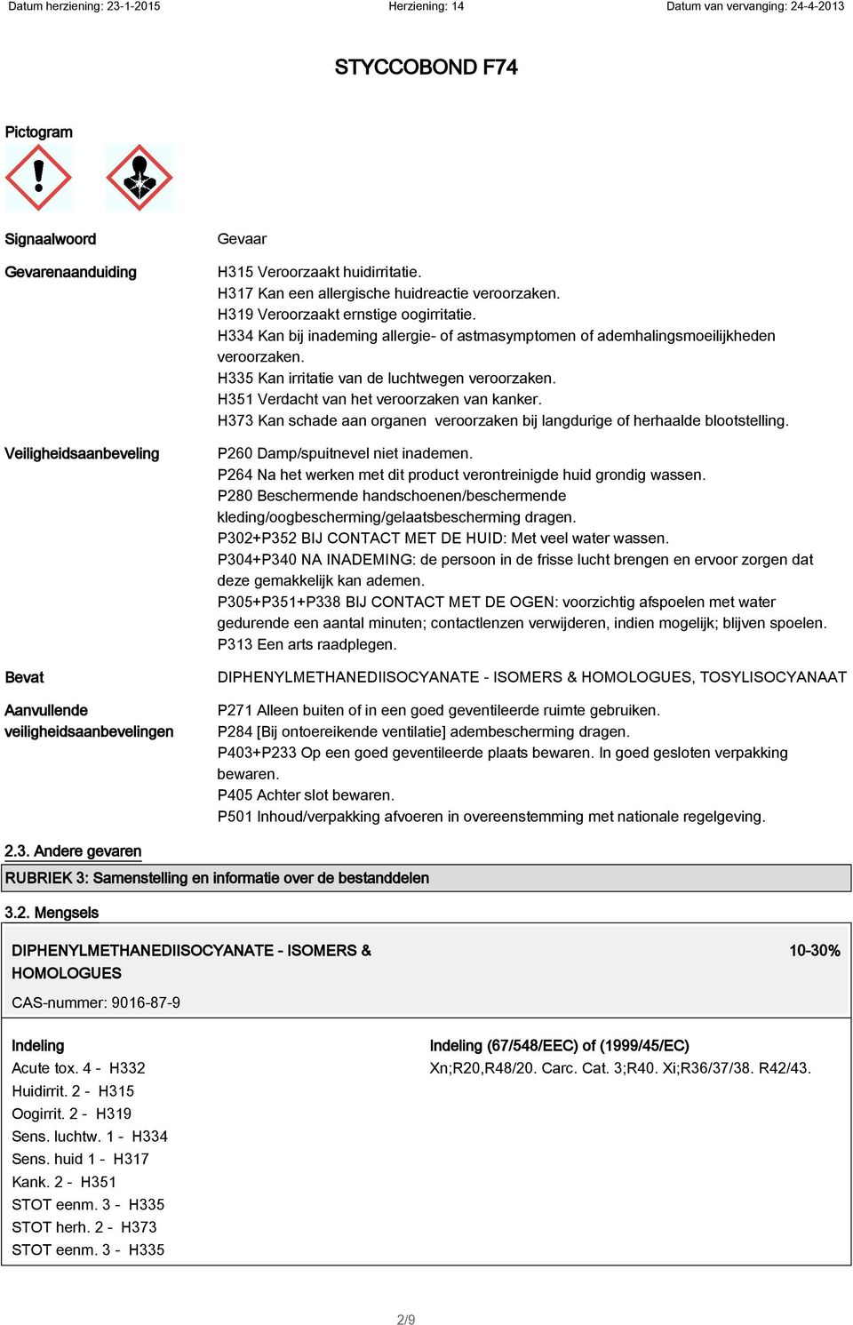 H351 Verdacht van het veroorzaken van kanker. H373 Kan schade aan organen veroorzaken bij langdurige of herhaalde blootstelling. P260 Damp/spuitnevel niet inademen.