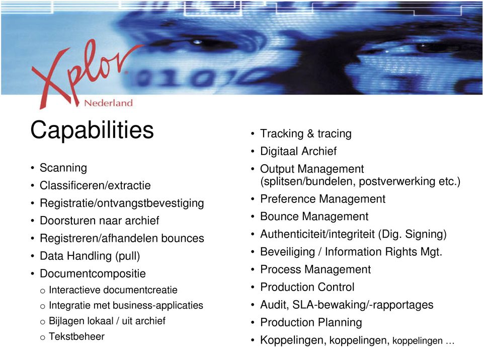 Digitaal Archief Output Management (splitsen/bundelen, postverwerking etc.) Preference Management Bounce Management Authenticiteit/integriteit (Dig.