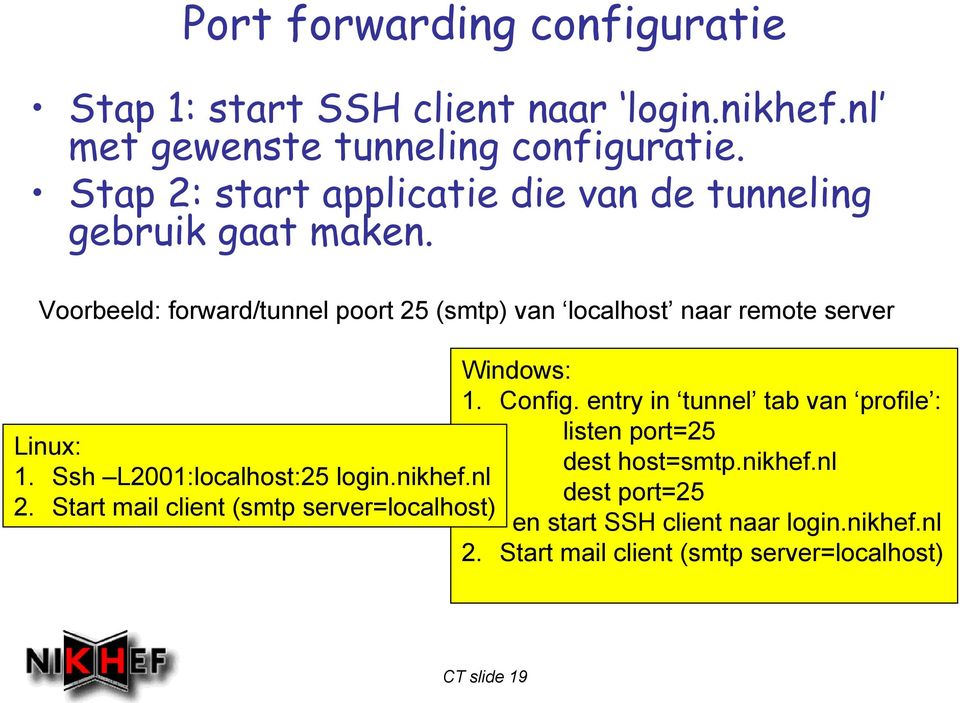 Voorbeeld: forward/tunnel poort 25 (smtp) van localhost naar remote server Linux: 1. Ssh L2001:localhost:25 login.nikhef.nl 2.