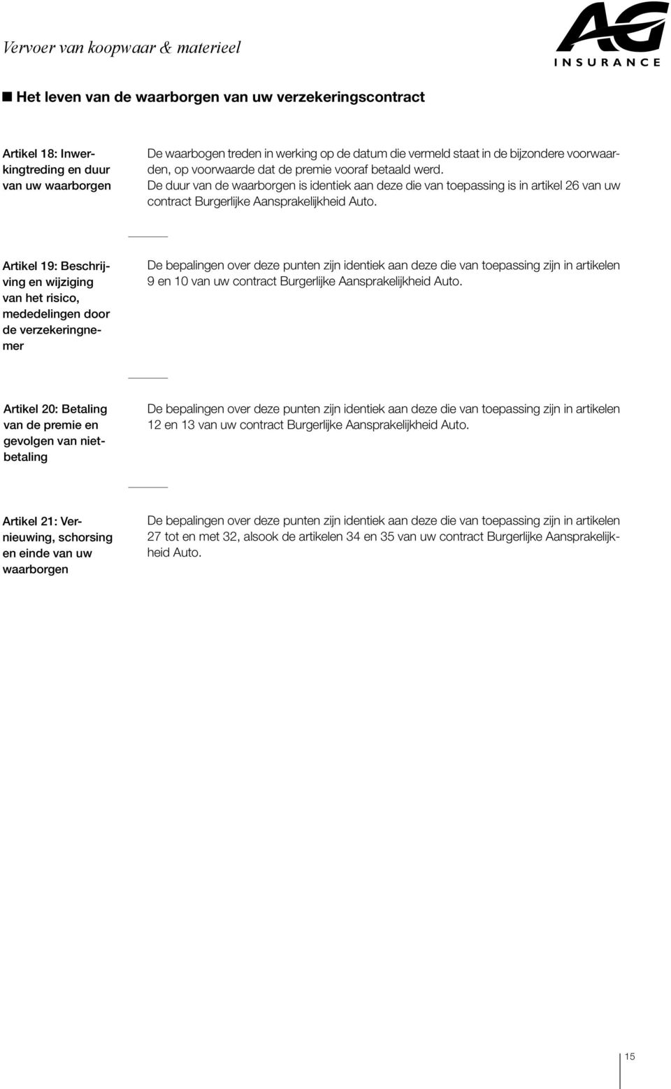 Artikel 19: Beschrijving en wijziging van het risico, mededelingen door de verzekeringnemer De bepalingen over deze punten zijn identiek aan deze die van toepassing zijn in artikelen 9 en 10 van uw