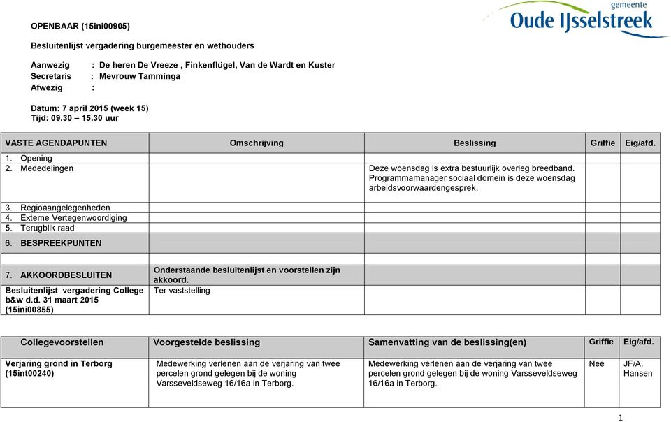 Programmamanager sociaal domein is deze woensdag arbeidsvoorwaardengesprek. 3. Regioaangelegenheden 4. Externe Vertegenwoordiging 5. Terugblik raad 6. BESPREEKPUNTEN 7.