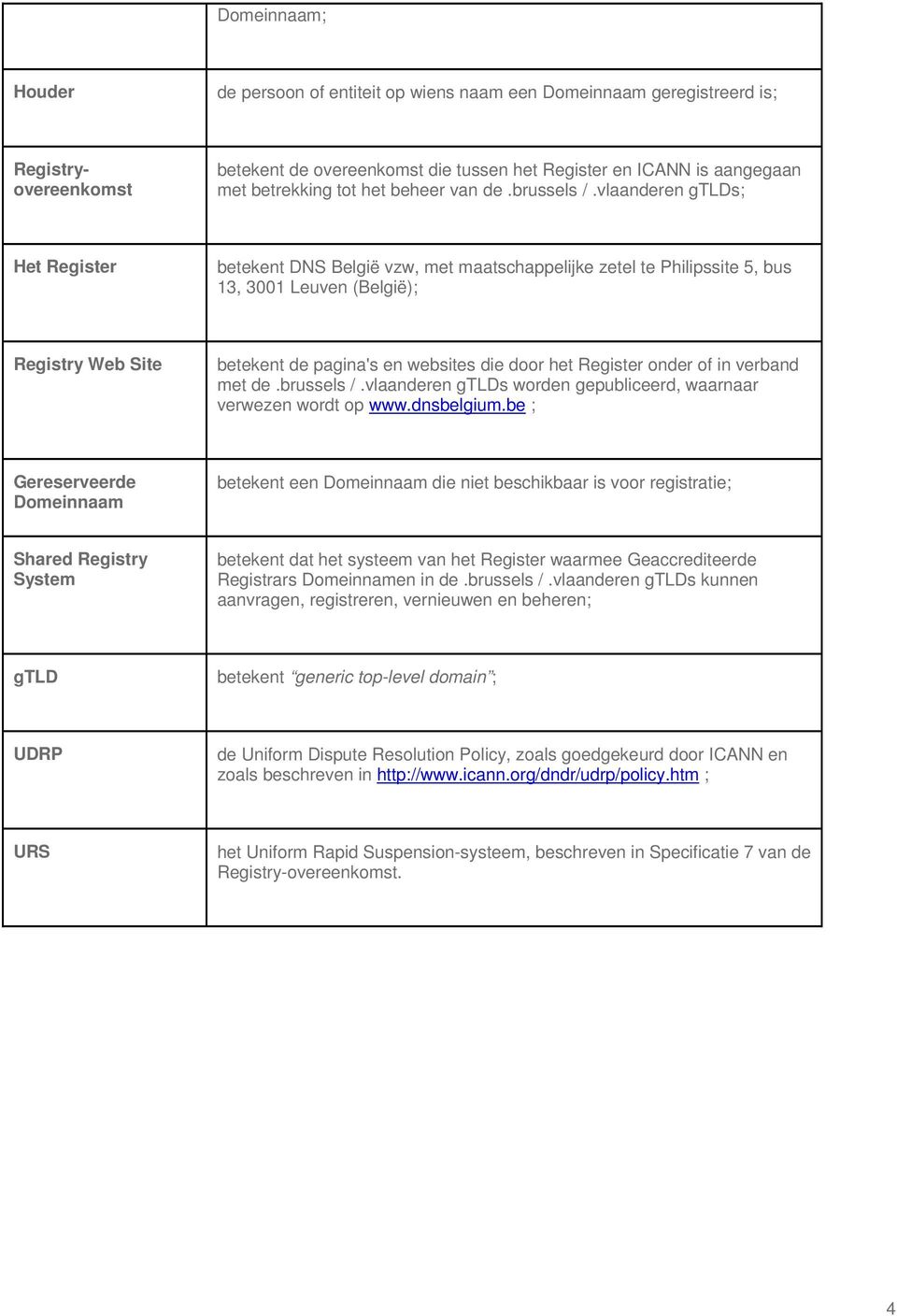 vlaanderen gtlds; Het Register betekent DNS België vzw, met maatschappelijke zetel te Philipssite 5, bus 13, 3001 Leuven (België); Registry Web Site betekent de pagina's en websites die door het