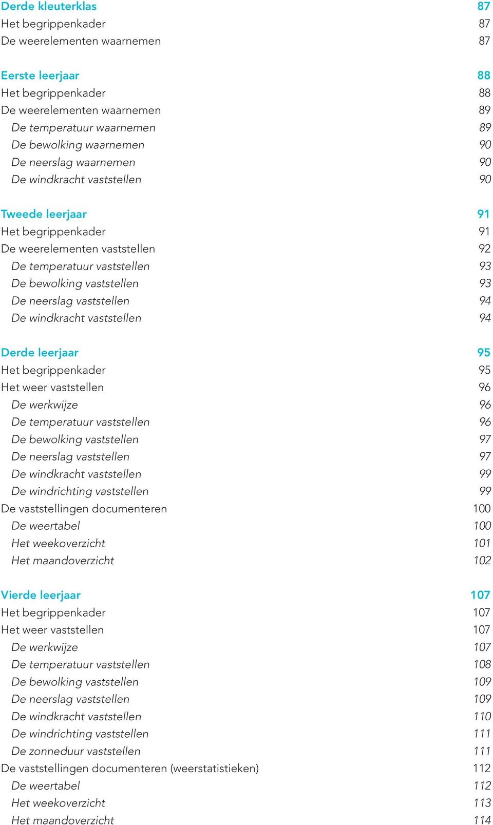 vaststellen 94 De windkracht vaststellen 94 Derde leerjaar 95 Het begrippenkader 95 Het weer vaststellen 96 De werkwijze 96 De temperatuur vaststellen 96 De bewolking vaststellen 97 De neerslag