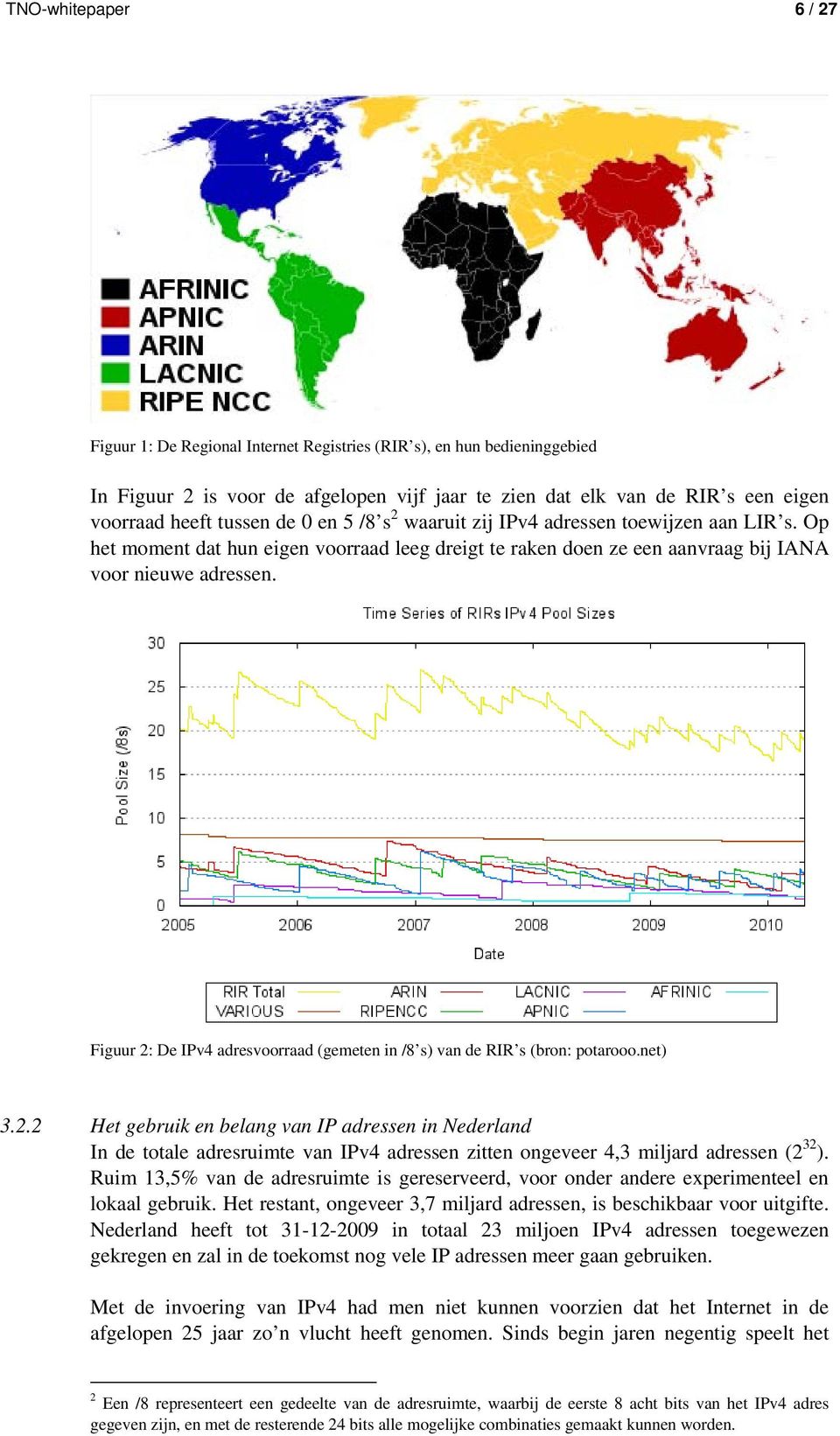 Figuur 2: De IPv4 adresvoorraad (gemeten in /8 s) van de RIR s (bron: potarooo.net) 3.2.2 Het gebruik en belang van IP adressen in Nederland In de totale adresruimte van IPv4 adressen zitten ongeveer 4,3 miljard adressen (2 32 ).