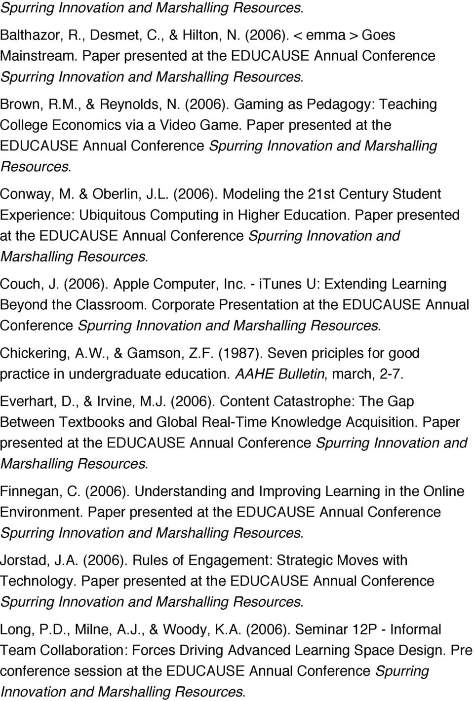 Paper presented at the EDUCAUSE Annual Conference Spurring Innovation and Marshalling Resources. Conway, M. & Oberlin, J.L. (2006).
