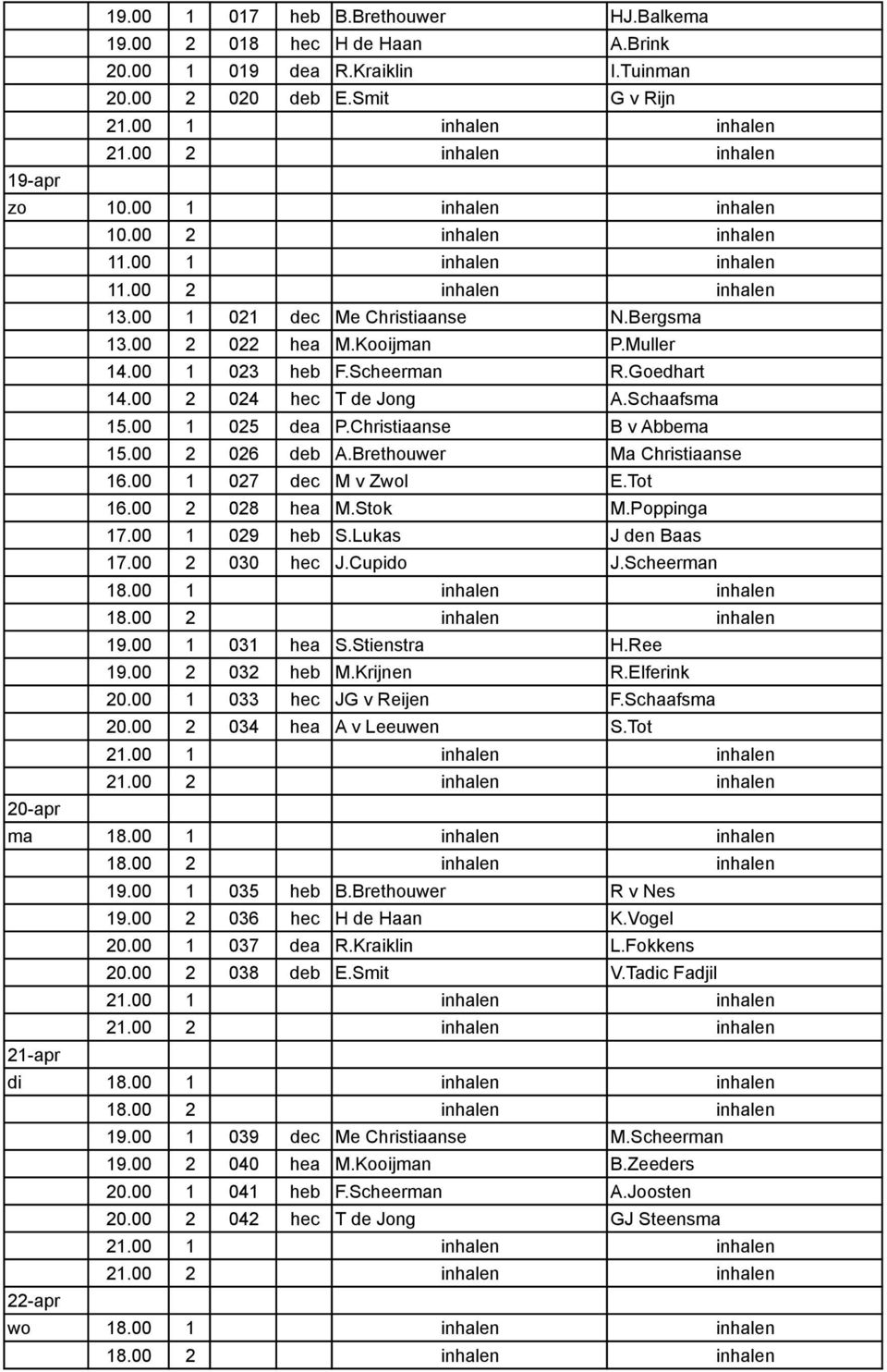 00 1 027 dec M v Zwol E.Tot 16.00 2 028 hea M.Stok M.Poppinga 17.00 1 029 heb S.Lukas J den Baas 17.00 2 030 hec J.Cupido J.Scheerman 19.00 1 031 hea S.Stienstra H.Ree 19.00 2 032 heb M.Krijnen R.