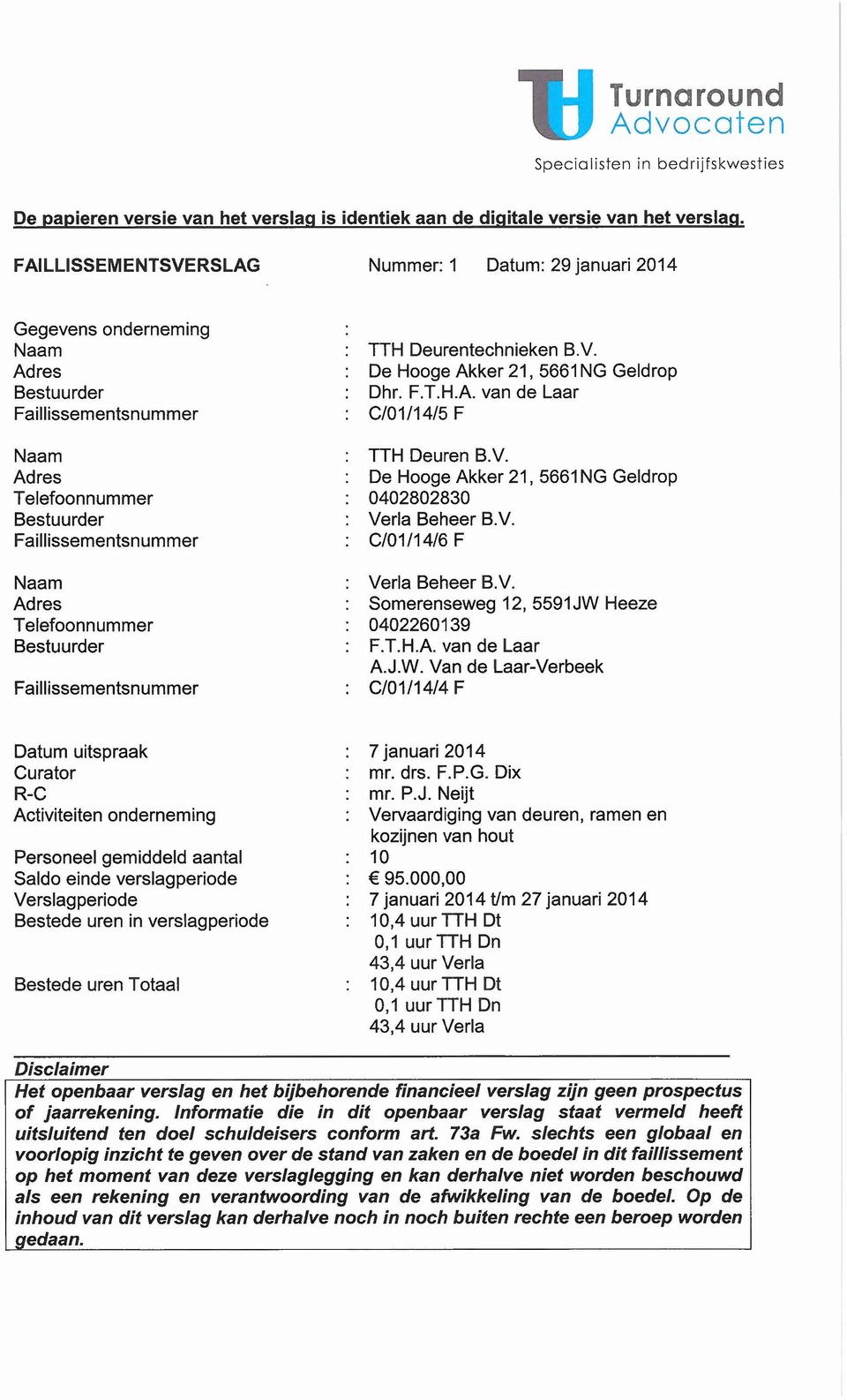 Telefoonnummer Bestuurder Faillissementsnummer TTH Deurentechnieken s.v. De Hooge Akker 21,5661 NG Geldrop Dhr. F.T.H.A van de Laar C/01/14/5 F TTH Deuren B.V.