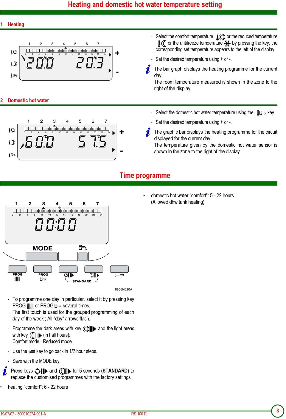 The room temperature measured is shown in the zone to the right of the display. 2 Domestic hot water Select the domestic hot water temperature using the key. Set the desired temperature using or.