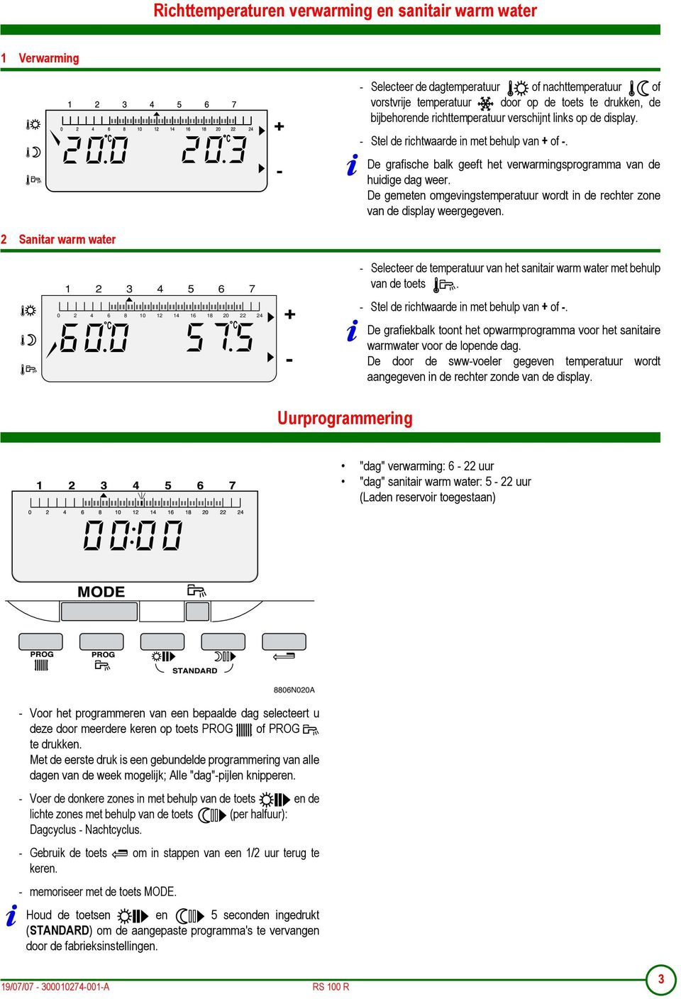 De gemeten omgevingstemperatuur wordt in de rechter zone van de display weergegeven. 2 Sanitar warm water Selecteer de temperatuur van het sanitair warm water met behulp van de toets.