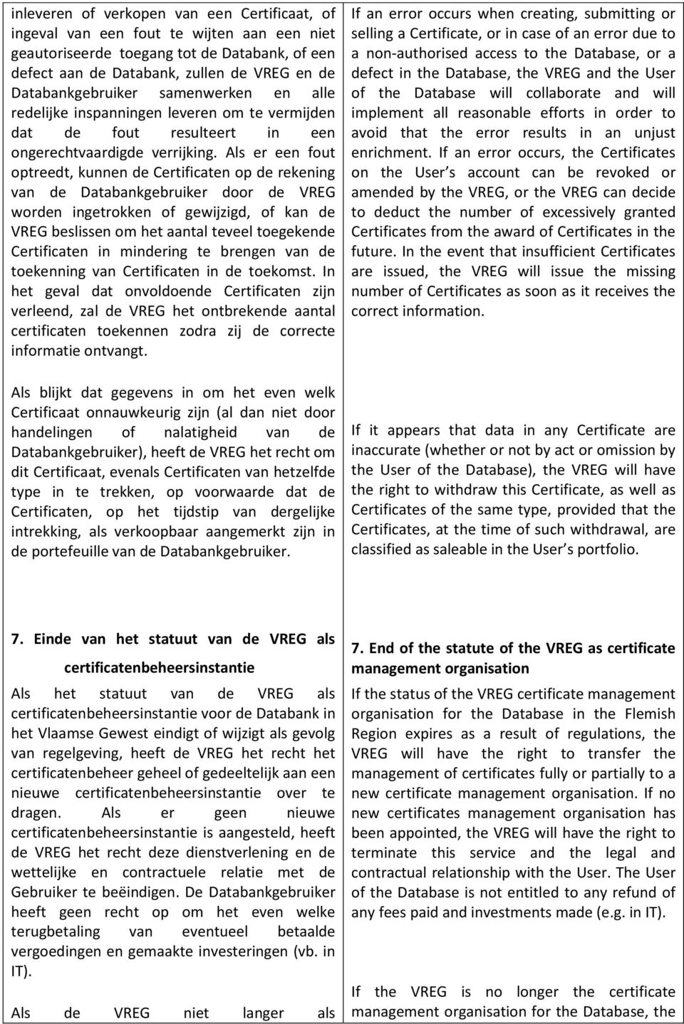 Als er een fout optreedt, kunnen de Certificaten op de rekening van de Databankgebruiker door de VREG worden ingetrokken of gewijzigd, of kan de VREG beslissen om het aantal teveel toegekende