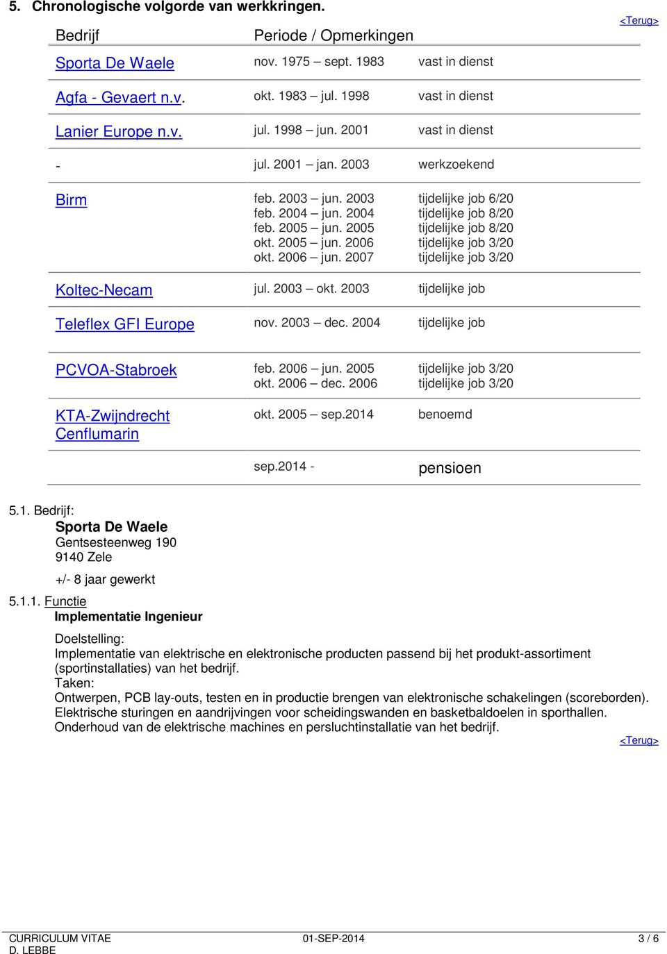 2007 tijdelijke job 6/20 tijdelijke job 8/20 tijdelijke job 8/20 Koltec-Necam jul. 2003 okt. 2003 tijdelijke job Teleflex GFI Europe nov. 2003 dec. 2004 tijdelijke job PCVOA-Stabroek feb. 2006 jun.