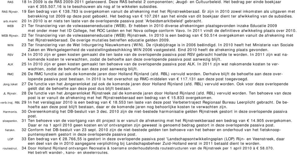 Het bedrag van 107.261 aan het einde van dit boekjaar dient ter afwikkeling van de subsidies. arb.markt 20 In 2010 is er niets ten laste van de overlopende passiva post 'Arbeidsmarktbeleid' gebracht.