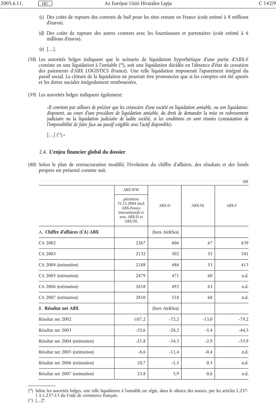 (38) Les autorités belges indiquent que le scénario de liquidation hypothétique d'une partie d'abx-f consiste en une liquidation à l'amiable ( 10 ), soit une liquidation décidée en l'absence d'état