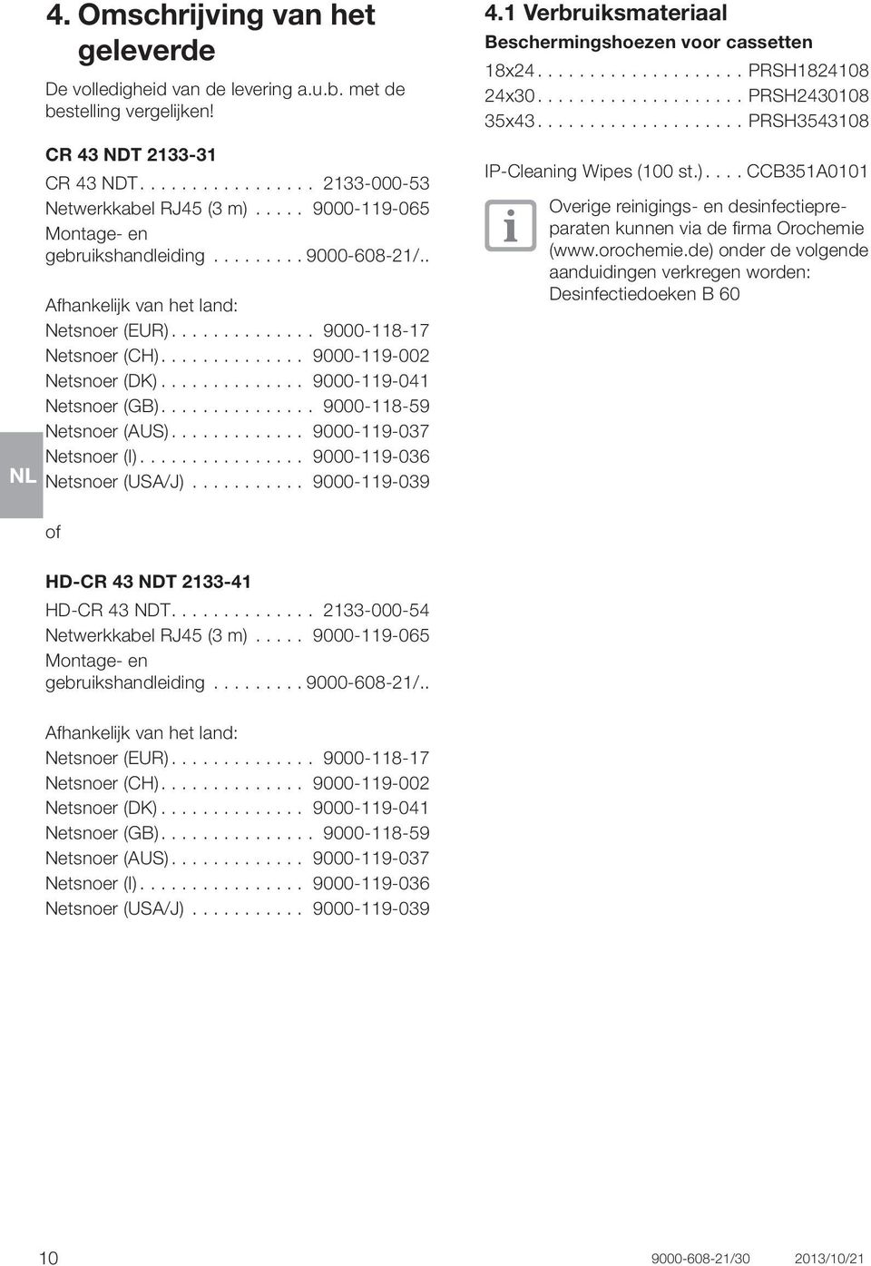 . Afhankelijk van het land: Netsnoer (EUR) 9000-118-17 Netsnoer (CH) 9000-119-002 Netsnoer (DK) 9000-119-041 Netsnoer (GB) 9000-118-59 Netsnoer (AUS) 9000-119-037 Netsnoer (I) 9000-119-036 Netsnoer