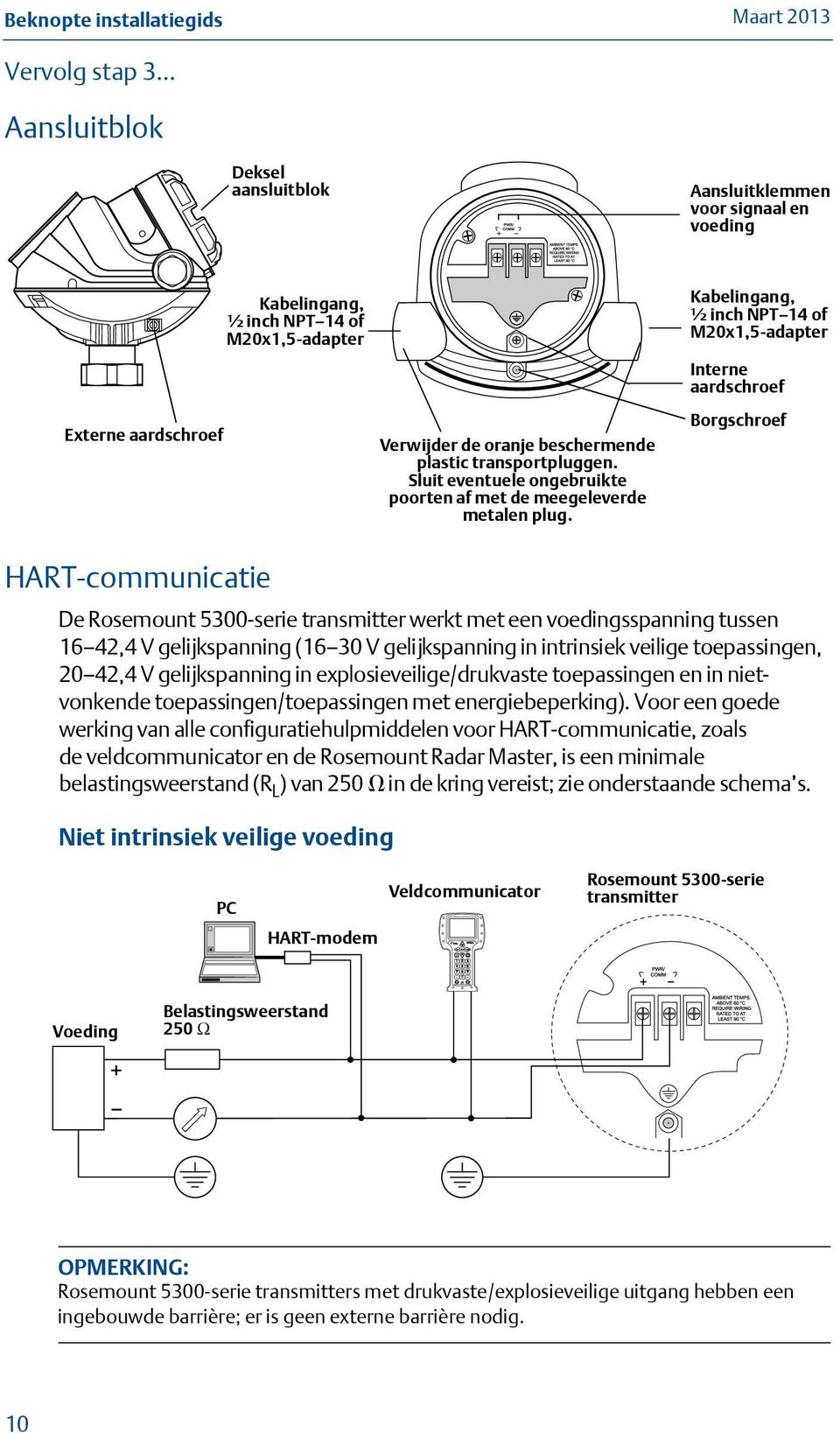 Kabelingang, ½ inch NPT 14 of M20x1,5-adapter Interne aardschroef Borgschroef HART-communicatie De Rosemount 5300-serie transmitter werkt met een voedingsspanning tussen 16 42,4 V gelijkspanning (16