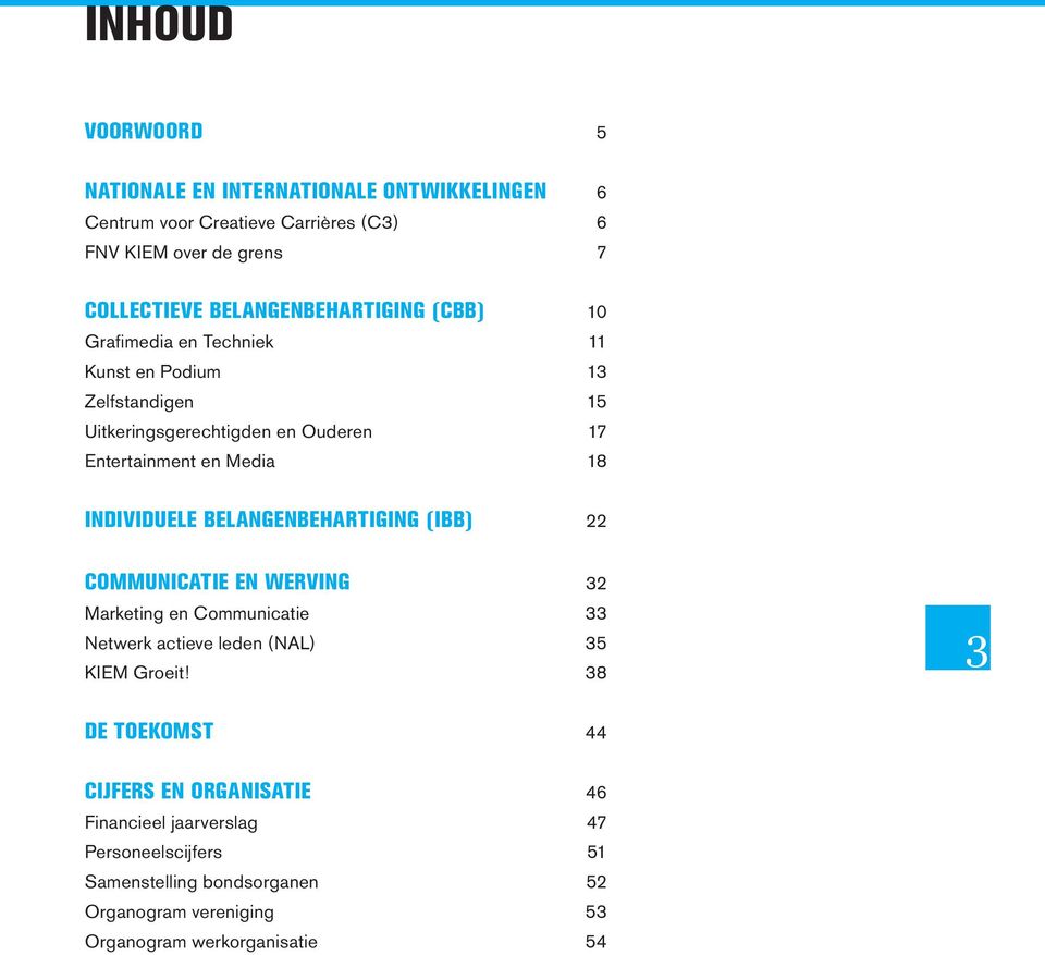 Individuele belangenbehartiging (IBB) 22 Communicatie en werving 32 Marketing en Communicatie 33 Netwerk actieve leden (NAL) 35 KIEM Groeit!