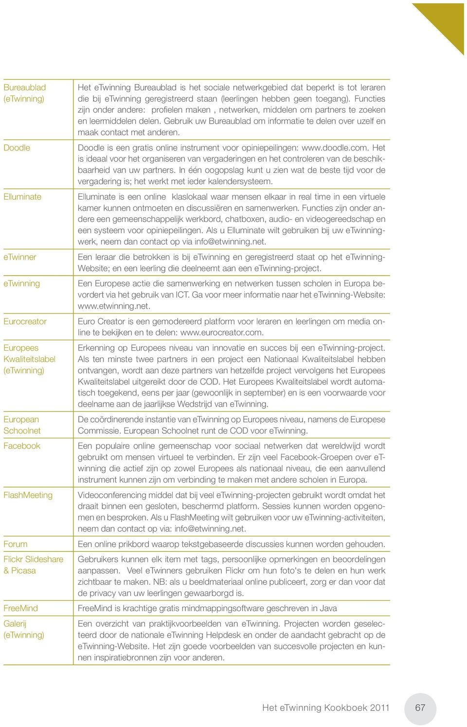 Functies zĳ n onder andere: profi elen maken, netwerken, middelen om partners te zoeken en leermiddelen delen. Gebruik uw Bureaublad om informatie te delen over uzelf en maak contact met anderen.