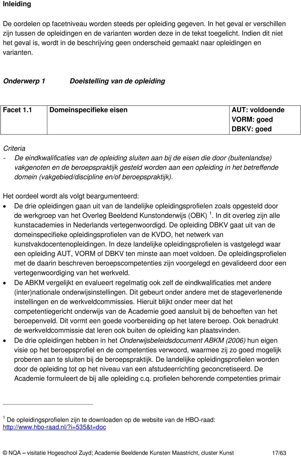 1 Domeinspecifieke eisen AUT: voldoende VORM: goed DBKV: goed Criteria - De eindkwalificaties van de opleiding sluiten aan bij de eisen die door (buitenlandse) vakgenoten en de beroepspraktijk