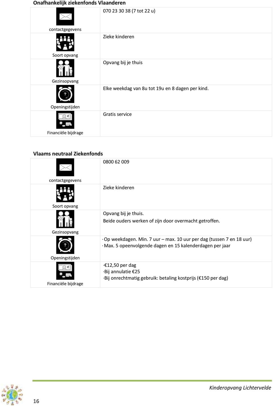 Openingstijden Gratis service Financiële bijdrage Vlaams neutraal Ziekenfonds 0800 62 009 contactgegevens Zieke kinderen Soort opvang Openingstijden