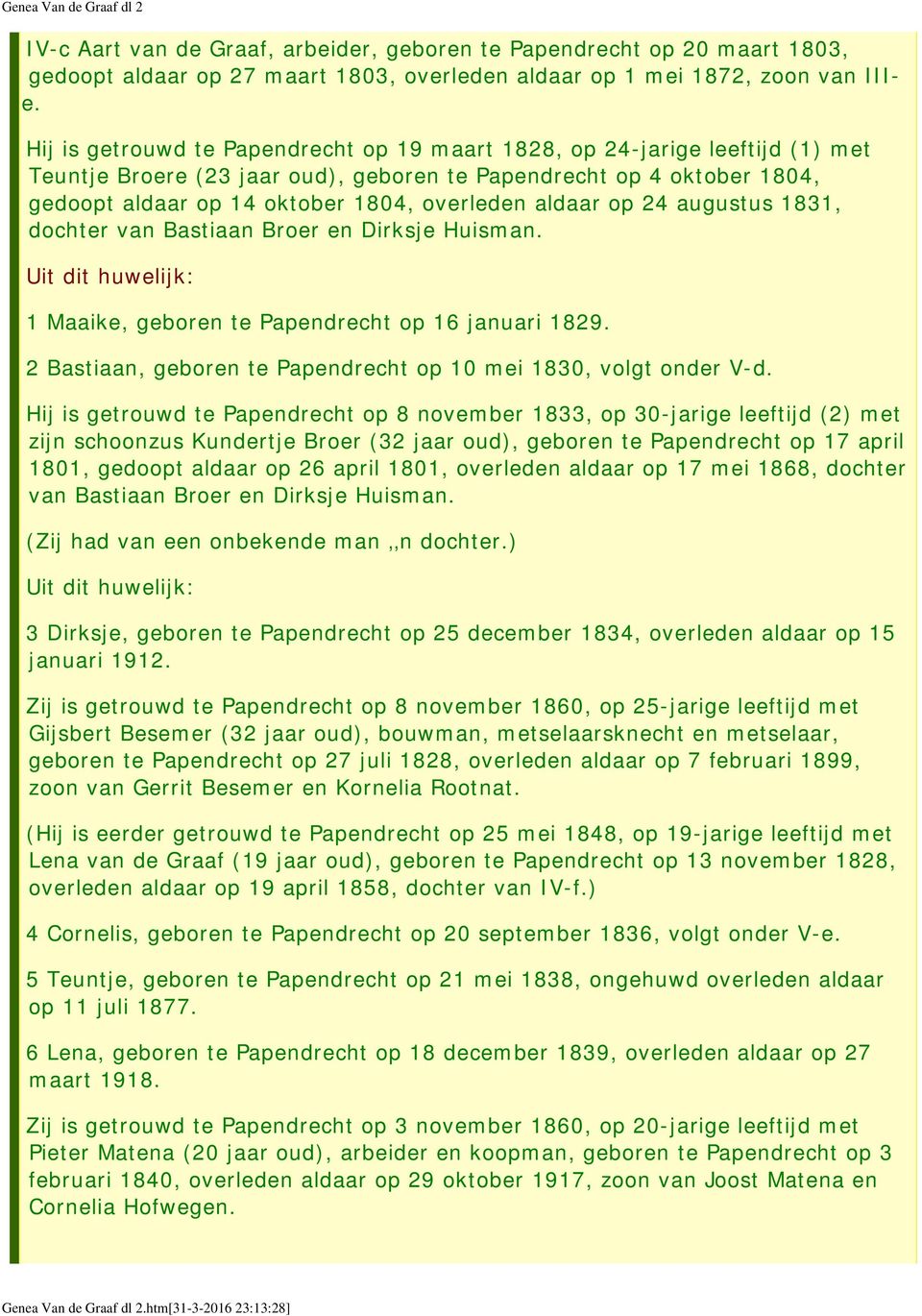 aldaar op 24 augustus 1831, dochter van Bastiaan Broer en Dirksje Huisman. 1 Maaike, geboren te Papendrecht op 16 januari 1829. 2 Bastiaan, geboren te Papendrecht op 10 mei 1830, volgt onder V-d.