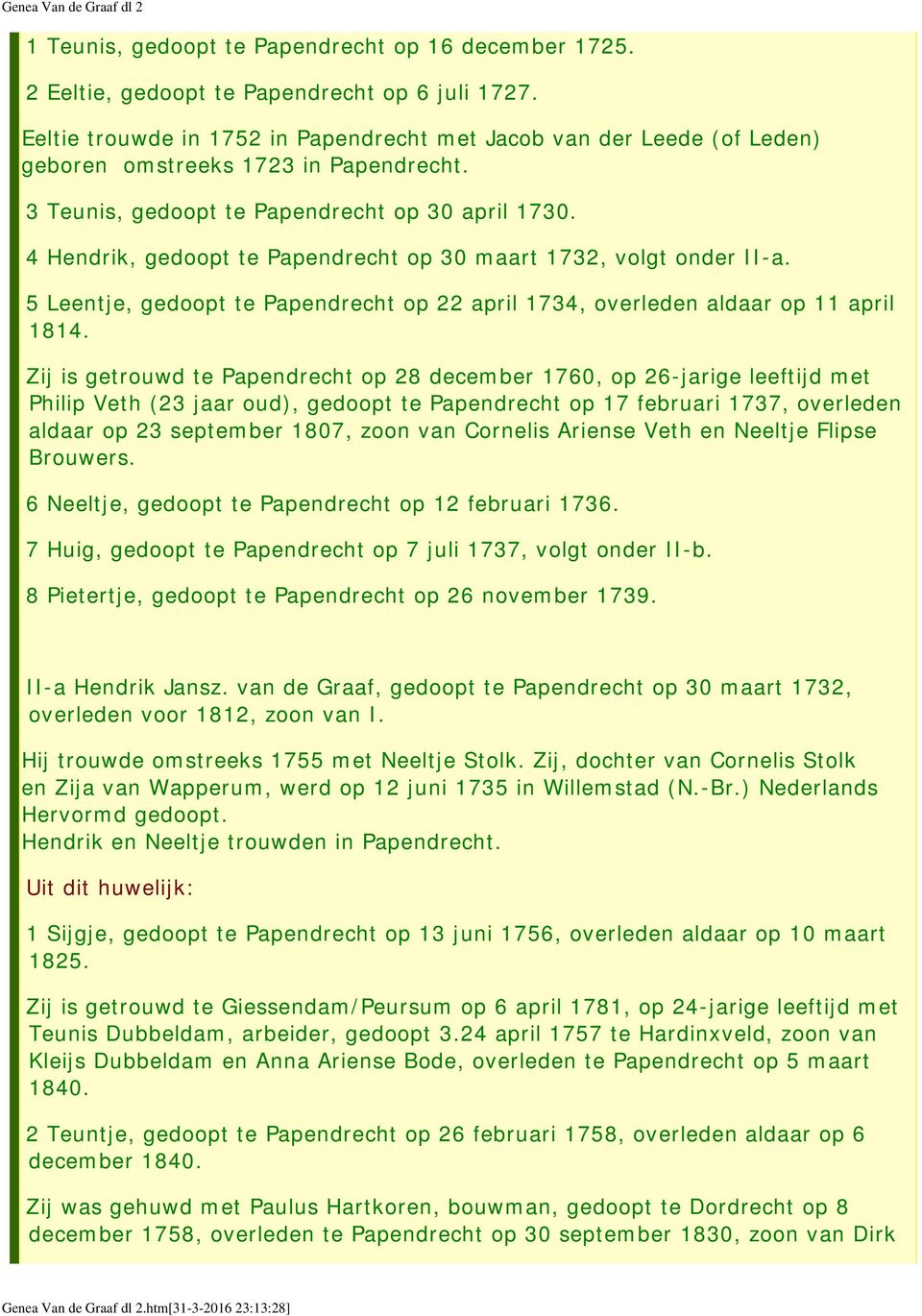 4 Hendrik, gedoopt te Papendrecht op 30 maart 1732, volgt onder II-a. 5 Leentje, gedoopt te Papendrecht op 22 april 1734, overleden aldaar op 11 april 1814.