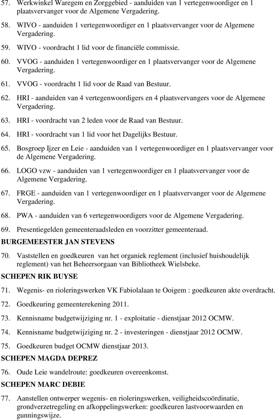 HRI - aanduiden van 4 vertegenwoordigers en 4 plaatsvervangers voor de Algemene 63. HRI - voordracht van 2 leden voor de Raad van Bestuur. 64. HRI - voordracht van 1 lid voor het Dagelijks Bestuur.